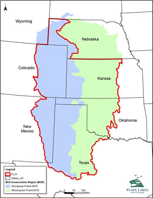 The PLJV boundary in relation to the short- and mixed-grass prairie Bird Conservation Regions.